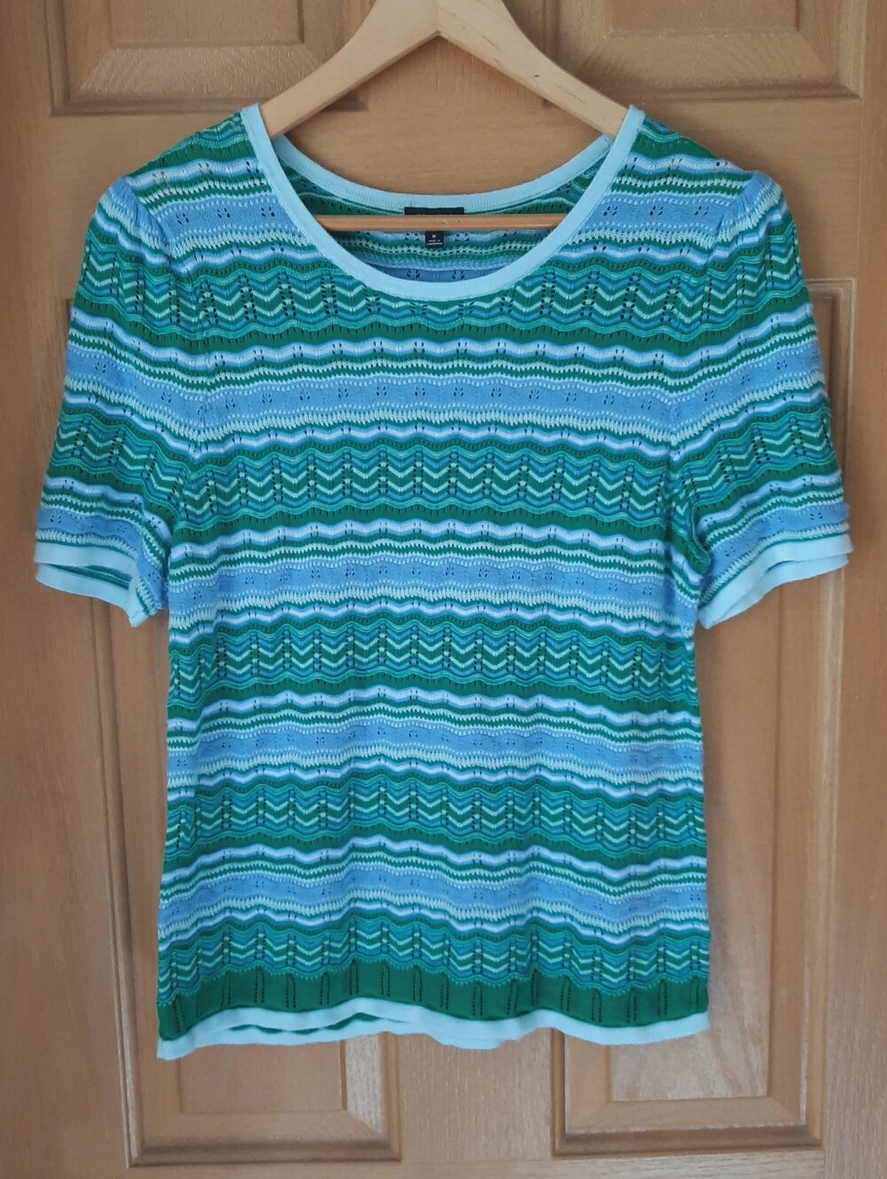 Talbots Green Blue Striped Chevron Pointelle Knit Short Sleeve Sweater Size M